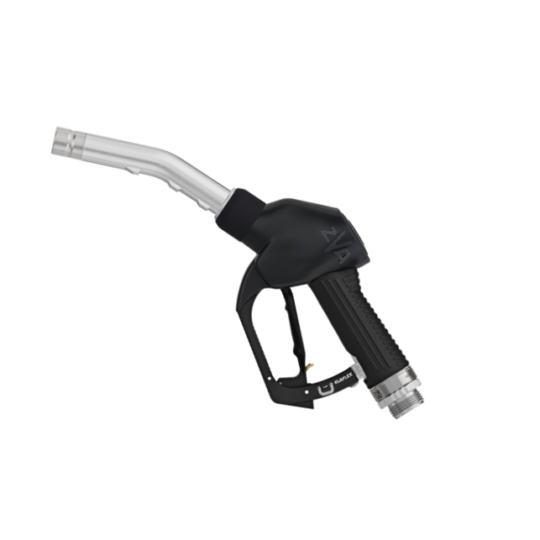 Gas pump nozzle with curved metal spout and black plastic handle against a white background