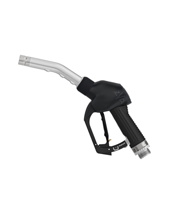 Gas pump nozzle with curved metal spout and black plastic handle against a white background